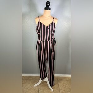 Derek heart striped spaghetti strap vneck faux wrap side tie jumpsuit sz L